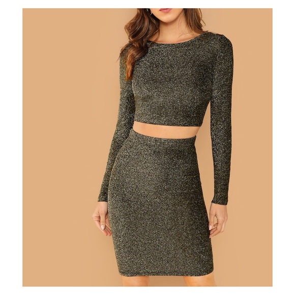MBM Unlimited Dresses & Skirts - Black Gold Glitter Two Piece Dress Crop Top Skirt